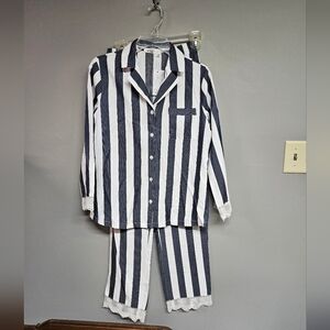 Navy and White Striped Women's Small Pajama Set Long 3/4 Sleeve Pants Lace Trim